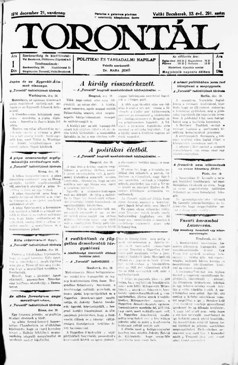 Torontál, 53. évf. 1924. december 21. 291. sz.