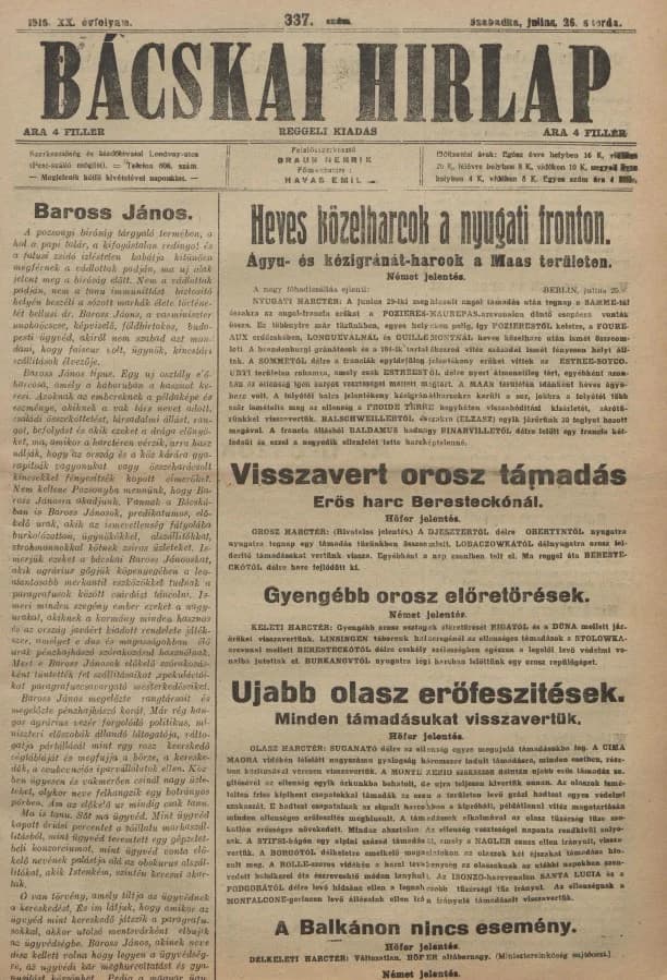 Bácskai Hirlap, 20. évf. 1916. július 25. 337. sz.