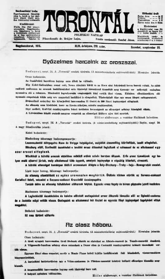 Torontál, 44. évf. 1915. szeptember 25. 219. sz.
