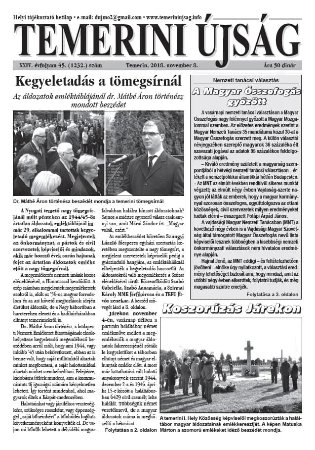 Temerini Újság, 24. évf. 2018. november 8. 45. sz.