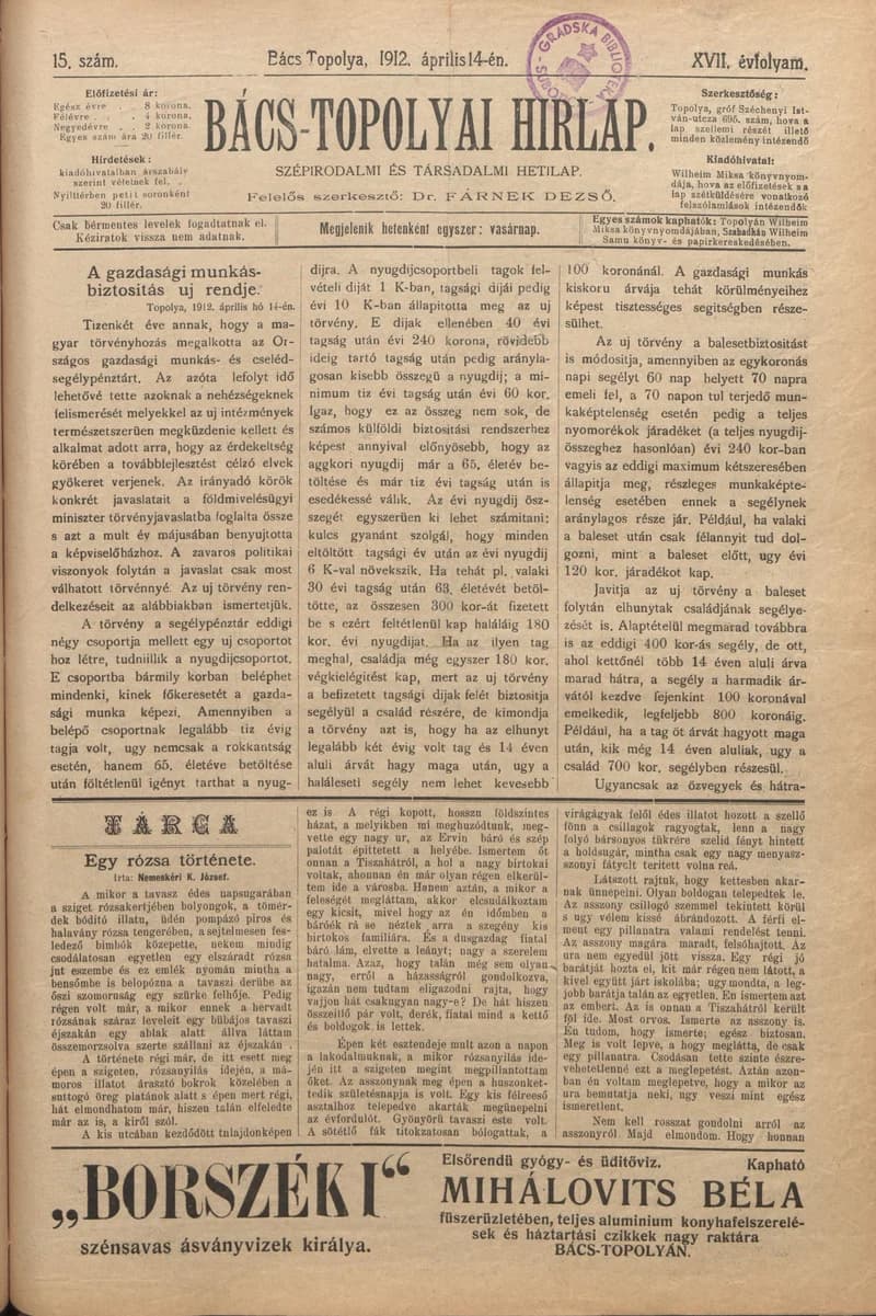 Bács-Topolyai Hirlap, 17. évf. 1912. április 14. 15. sz.