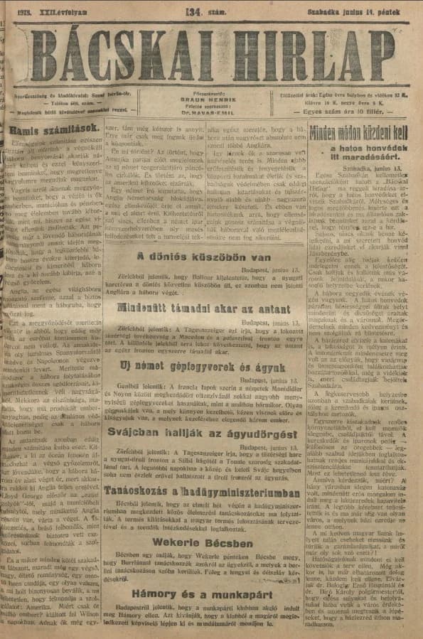 Bácskai Hirlap, 22. évf. 1918. június 14. 134. sz.