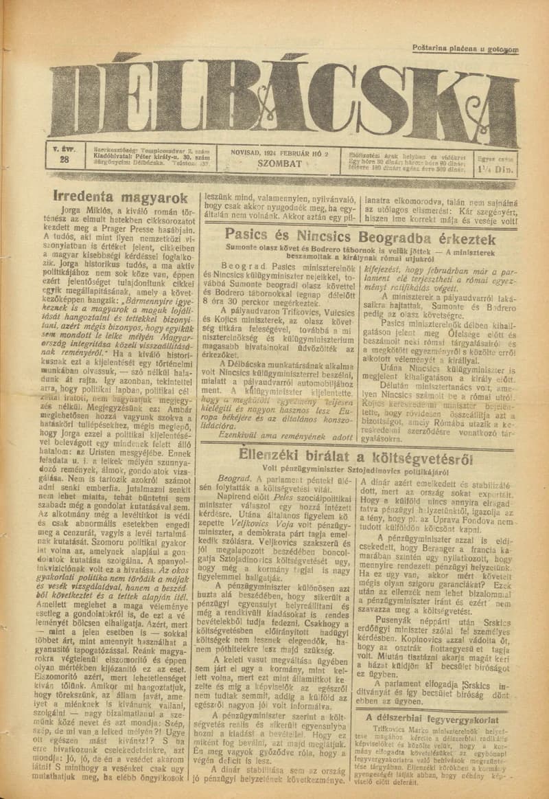 Délbácska, 5. évf. 1924. február 2. 28. sz.