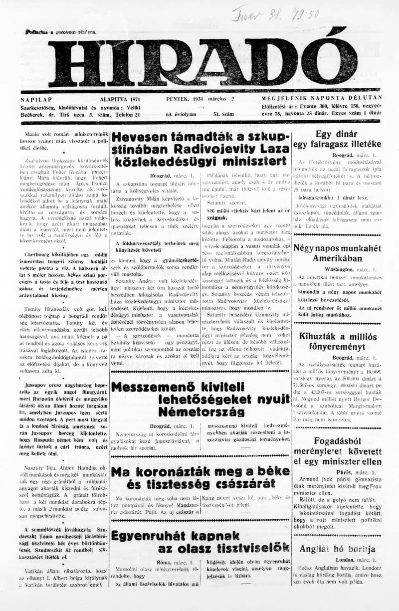 Híradó, 63. évf. 1934. március 2. 51. sz.