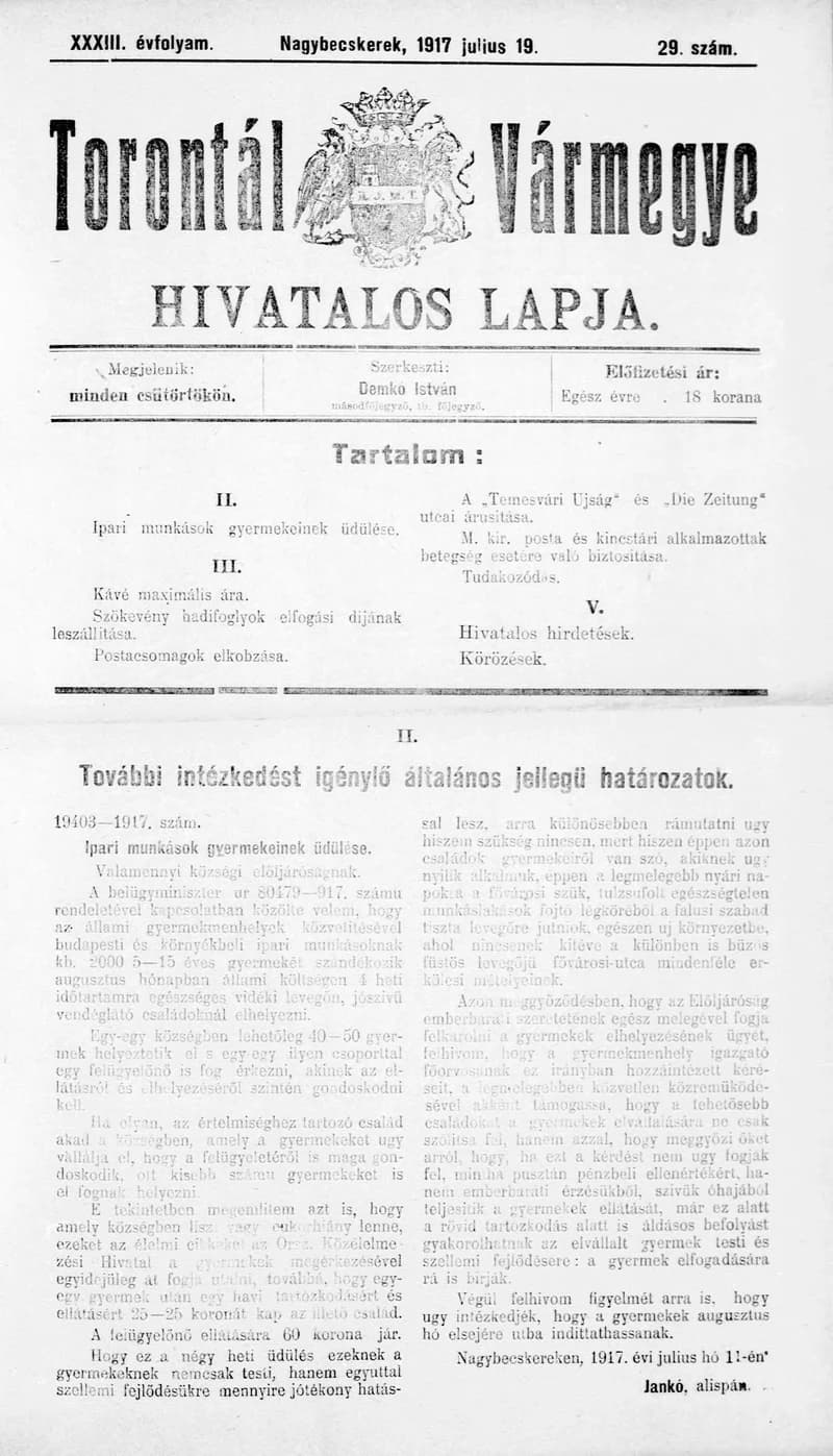 Torontál Vármegye Hivatalos Lapja, 33. évf. 1917. július 19. 29. sz.