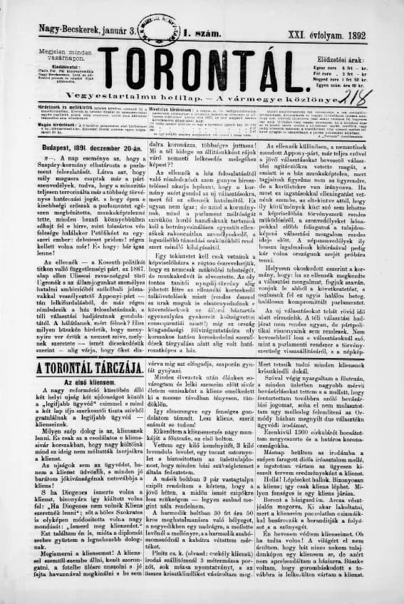 Torontál, 21. évf. 1892. január 3. 1. sz.