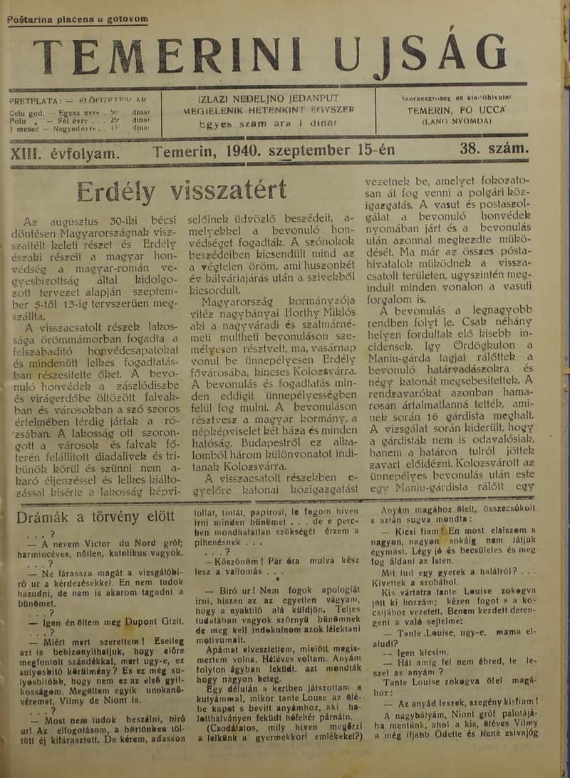 Temerini Újság 1928-1944, 13. évf. 1940. szeptember 15. 38. sz.