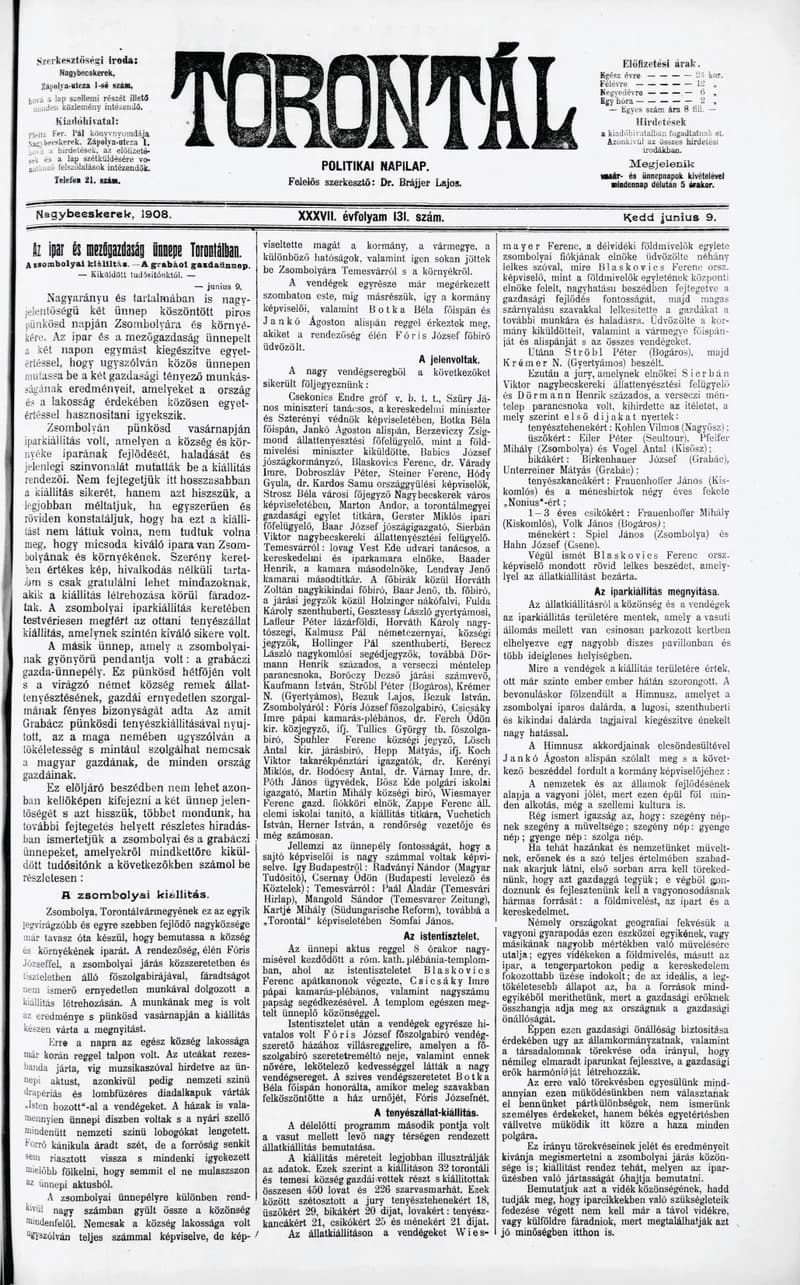 Torontál, 37. évf. 1908. június 9. 131. sz.