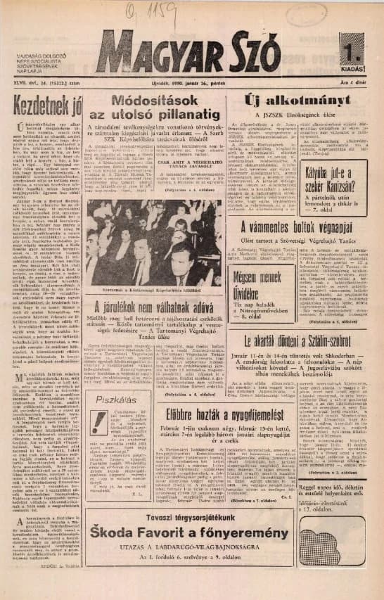 Magyar Szó, 47. évf. 1990. január 26. 24. sz. 1–24. oldal