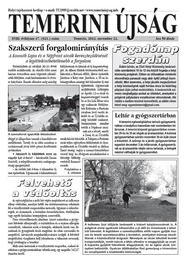 Temerini Újság, 18. évf. 2012. november 22. 47. sz.