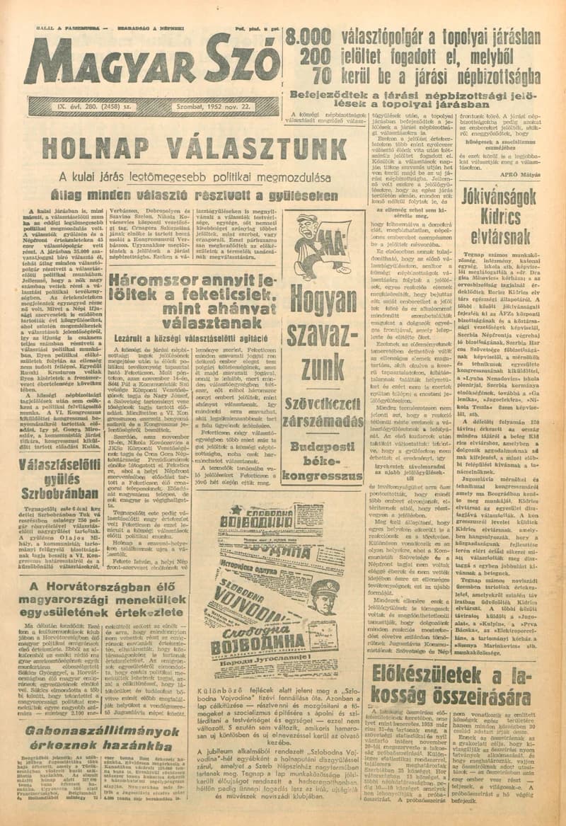 Magyar Szó, 9. évf. 1952. november 22. 280. sz. 1–12. oldal