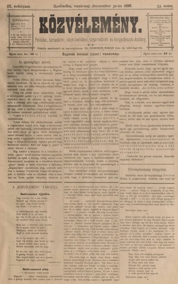 Közvélemény, 3. évf. 1888. december 30. 53. sz.