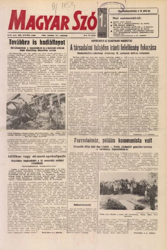 Magyar Szó, 43. évf. 1986. október 19. 288. sz. 1–32. oldal