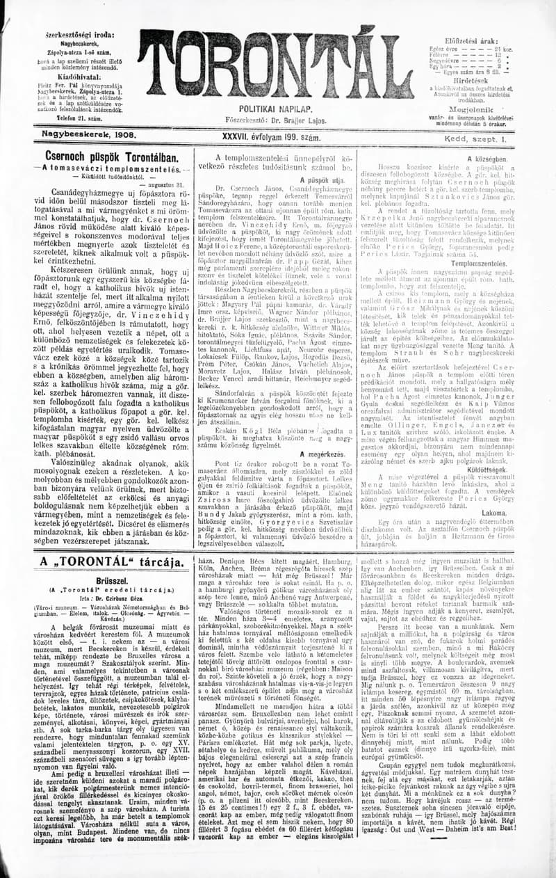 Torontál, 37. évf. 1908. szeptember 1. 199. sz.