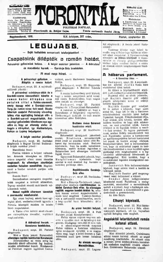Torontál, 45. évf. 1916. szeptember 22. 217. sz.