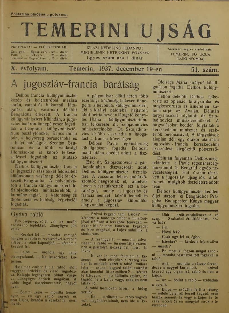 Temerini Újság 1928-1944, 10. évf. 1937. december 19. 51. sz.