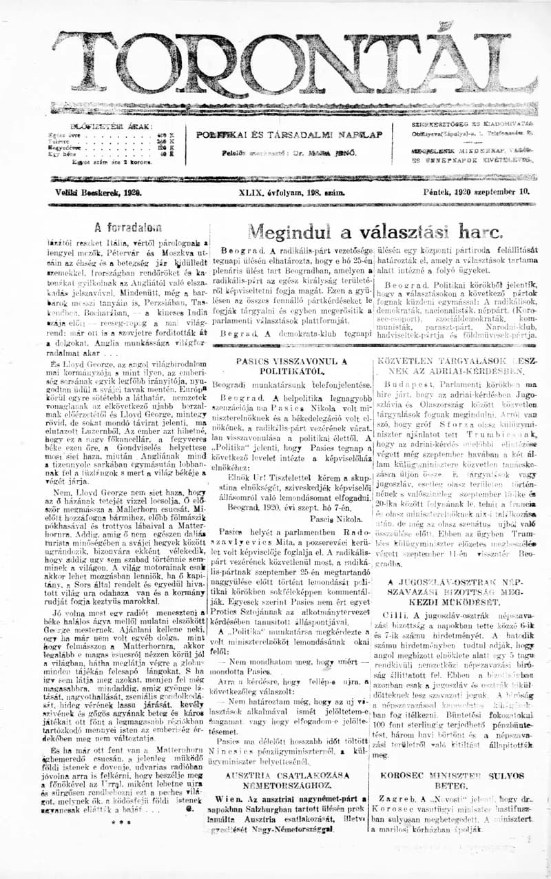 Torontál, 49. évf. 1920. szeptember 10. 198. sz.