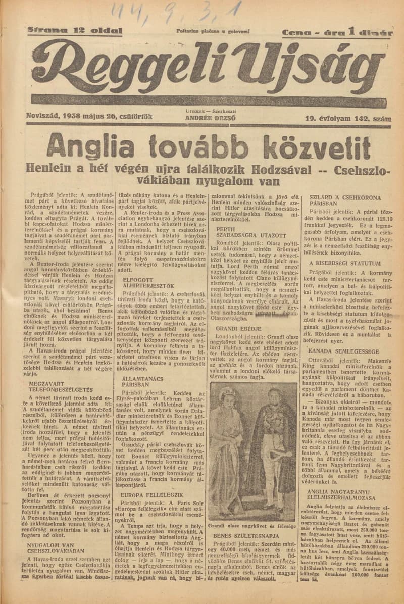 Reggeli Újság, 19. évf. 1938. május 26. 142. sz.