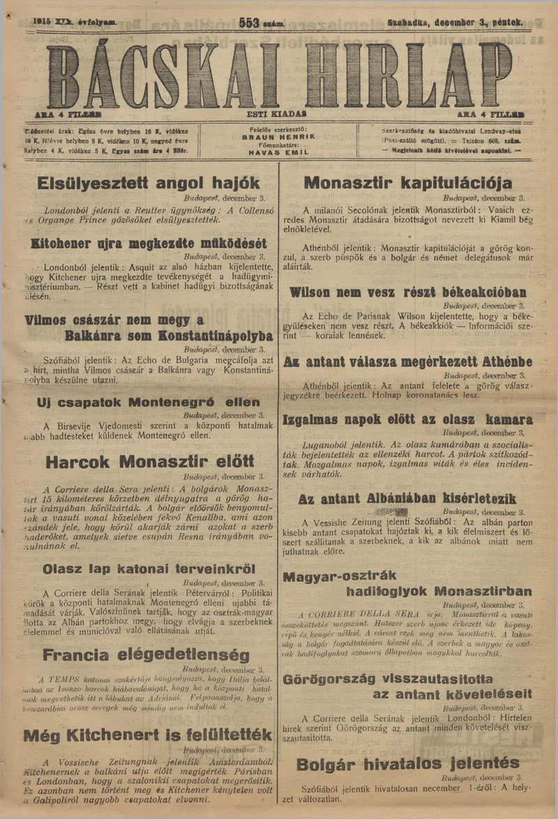 Bácskai Hirlap, 19. évf. 1915. december 3. 553. sz.