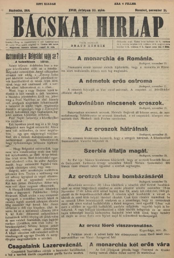 Bácskai Hirlap, 18. évf. 1914. november 21. 311. sz.