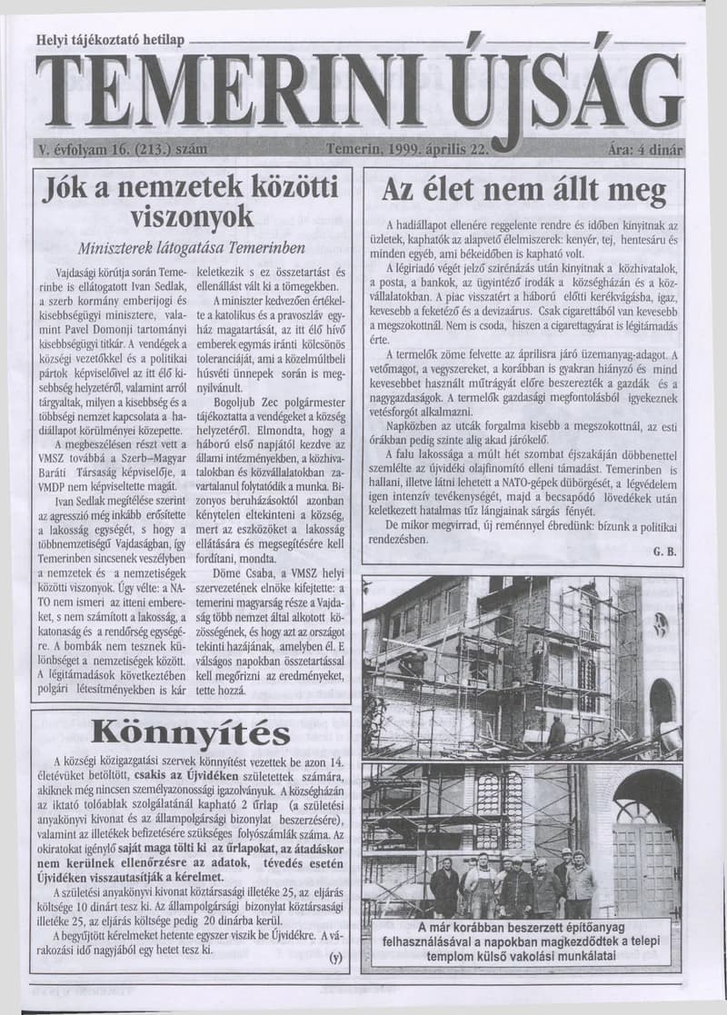 Temerini Újság, 5. évf. 1999. április 22. 16. sz.