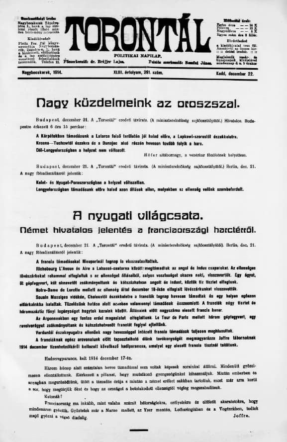 Torontál, 43. évf. 1914. december 22. 291. sz.