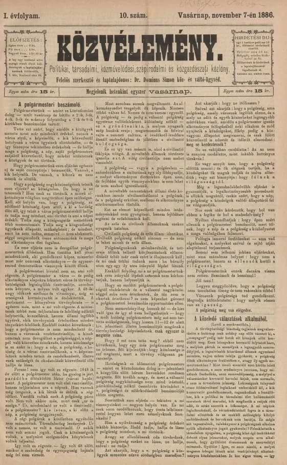 Közvélemény, 1. évf. 1886. november 7. 10. sz.