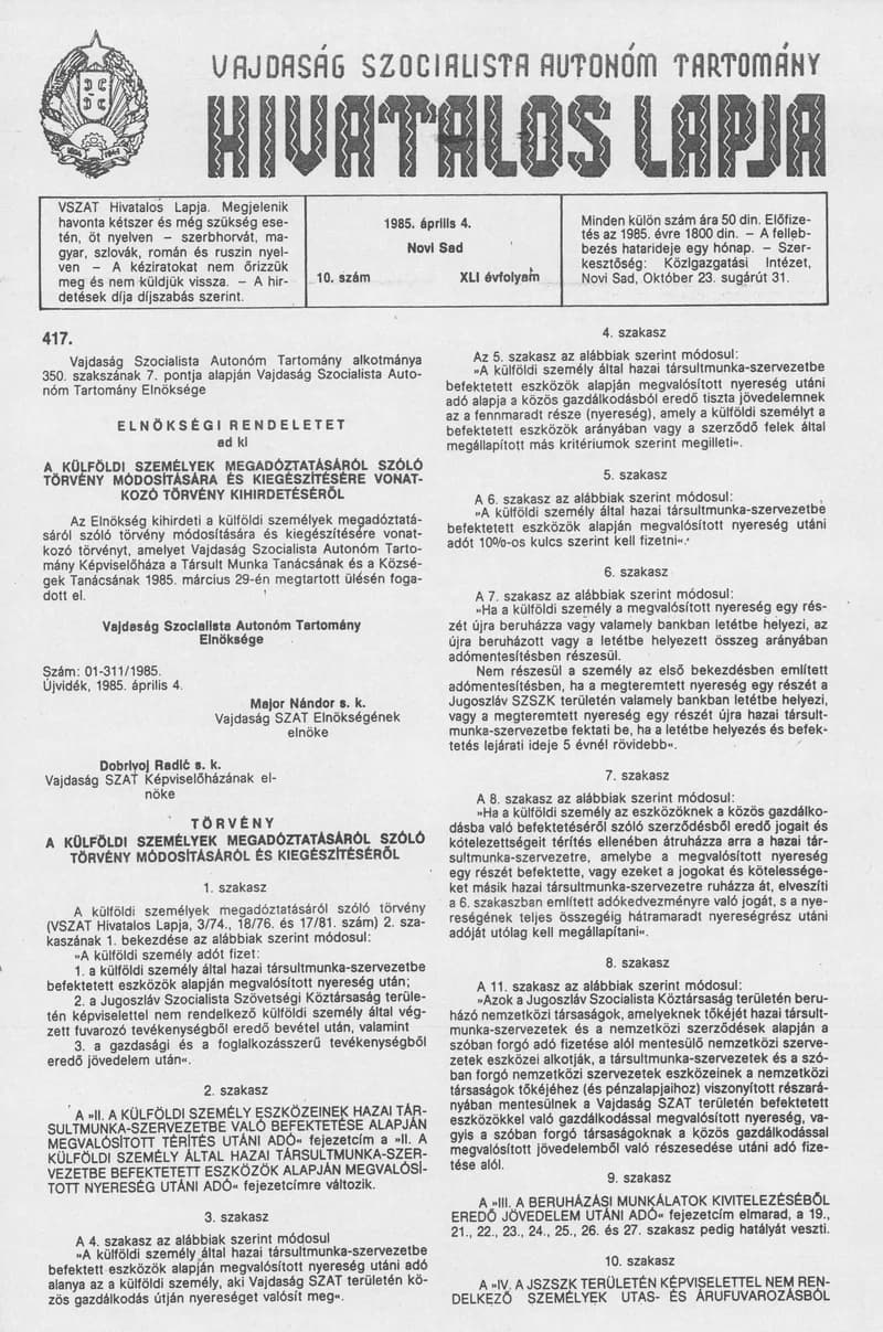 Vajdaság Szocialista Autonóm Tartomány Hivatalos Lapja, 41. évf. 1985. április 4. 10. sz.