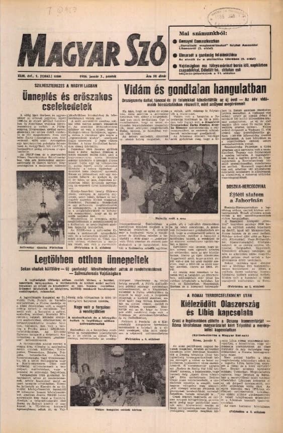 Magyar Szó, 43. évf. 1986. január 3. 1. sz. 1–16. oldal
