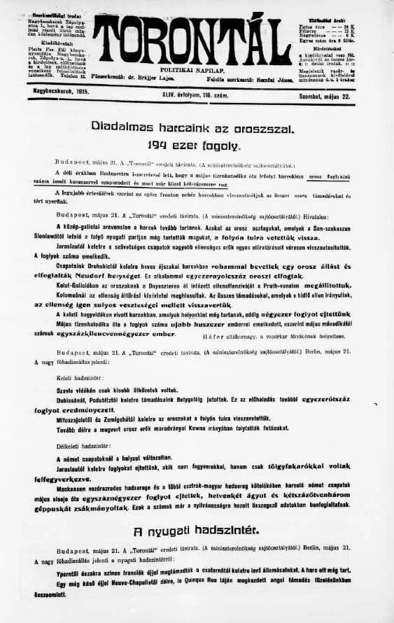 Torontál, 44. évf. 1915. május 22. 116. sz.