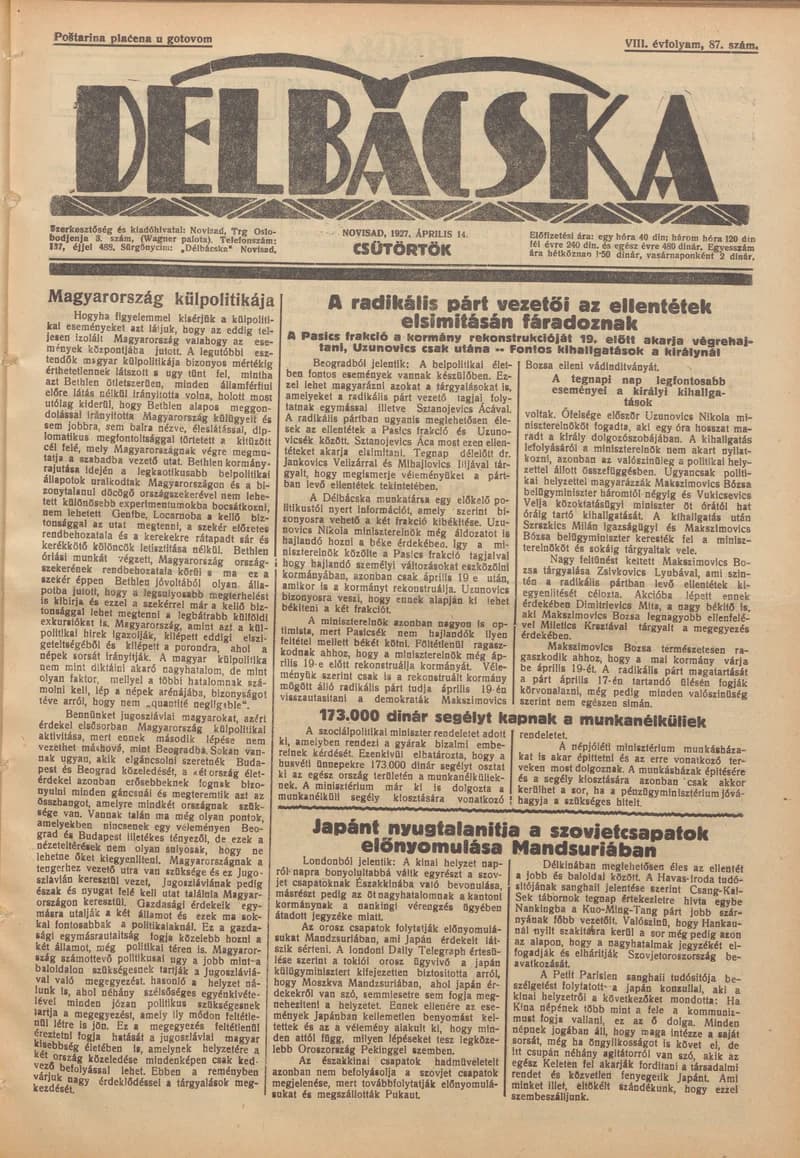 Délbácska, 8. évf. 1927. április 14. 87. sz.