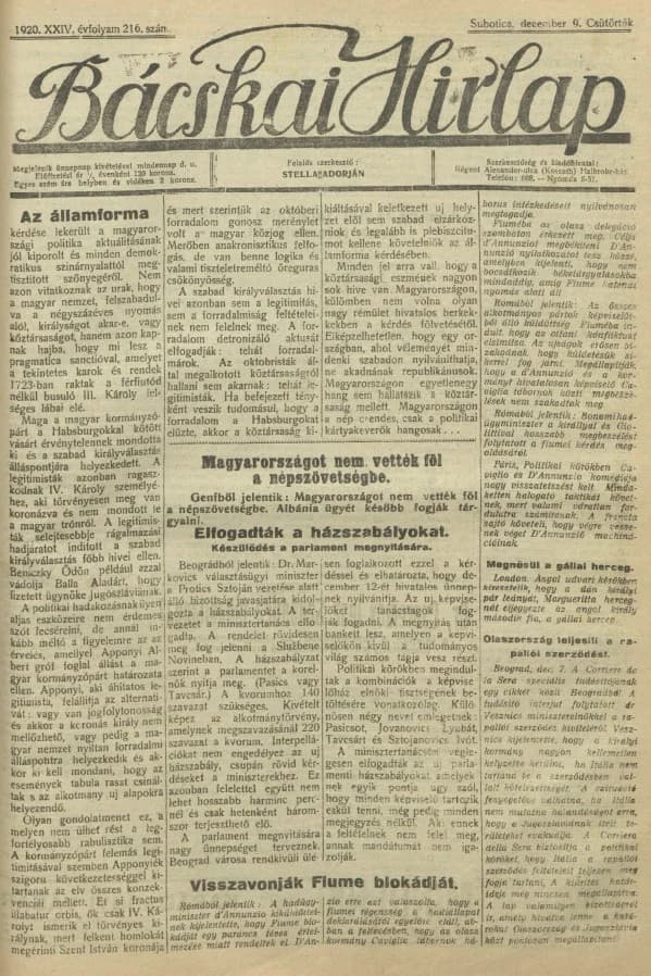 Bácskai Hirlap, 24. évf. 1920. december 9. 216. sz.
