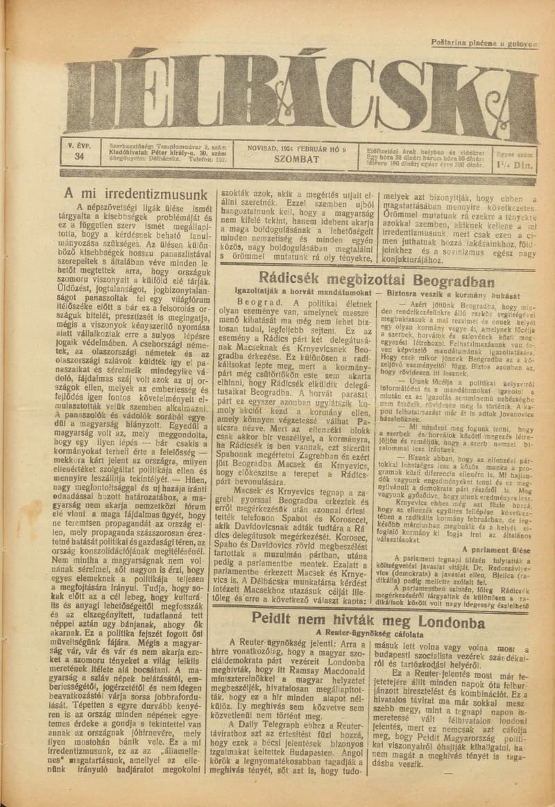 Délbácska, 5. évf. 1924. február 9. 34. sz.