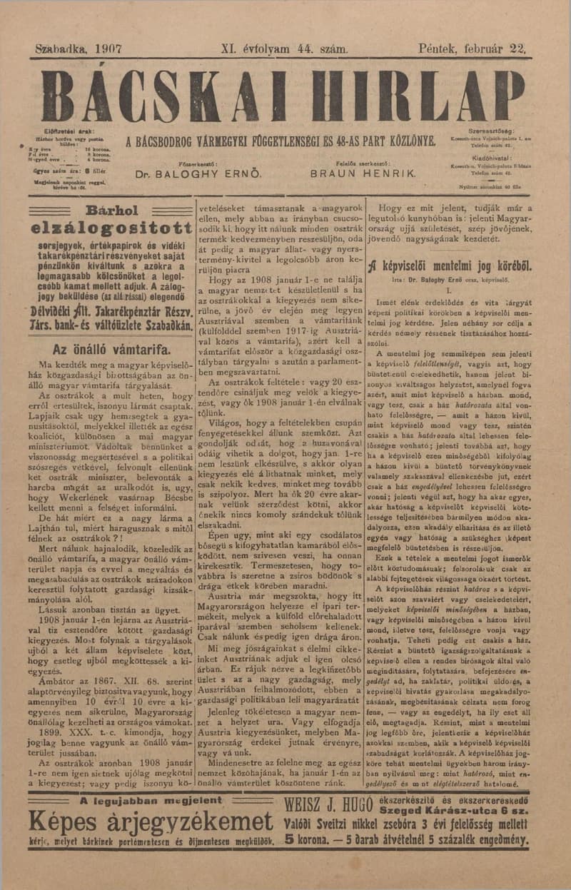 Bácskai Hirlap, 11. évf. 1907. február 22. 44. sz.