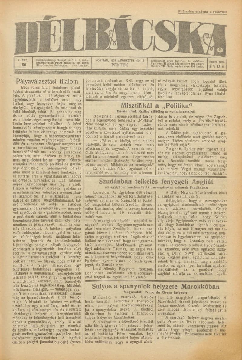 Délbácska, 5. évf. 1924. augusztus 15. 189. sz.