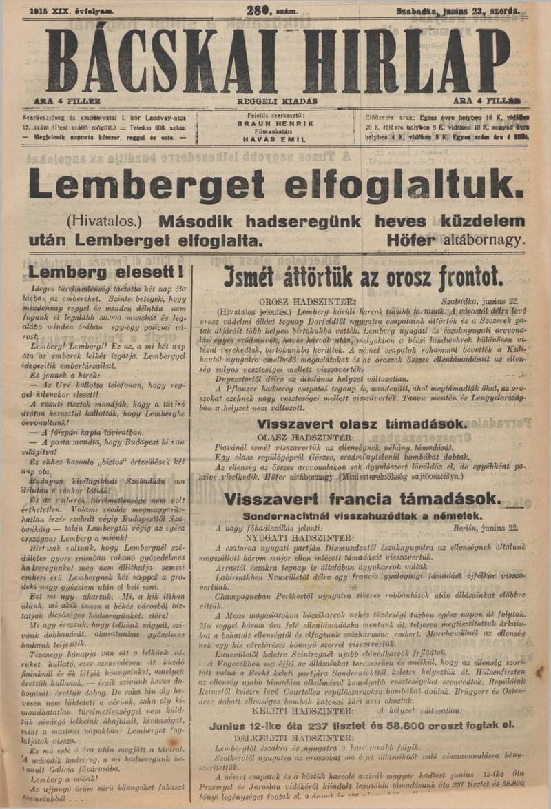 Bácskai Hirlap, 19. évf. 1915. június 23. 280. sz.