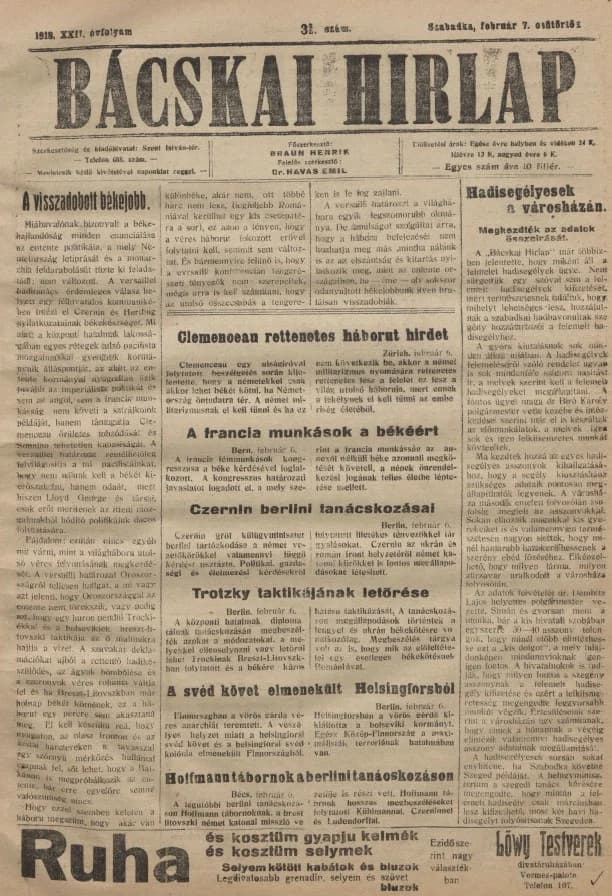 Bácskai Hirlap, 22. évf. 1918. február 7. 31. sz.
