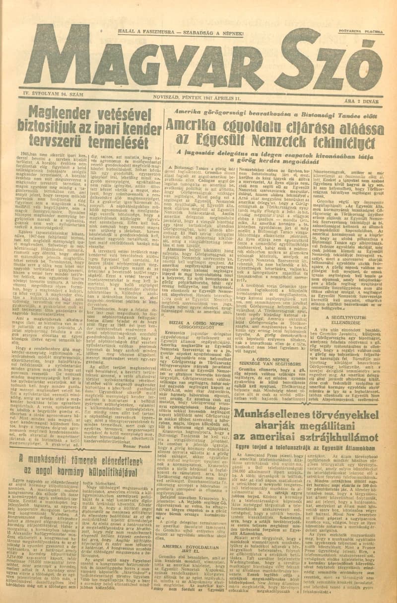 Magyar Szó, 4. évf. 1947. április 11. 94. sz. 1–6. oldal