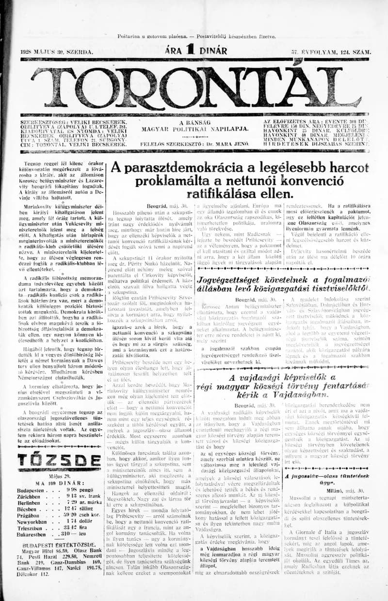Torontál, 57. évf. 1928. május 30. 124. sz.