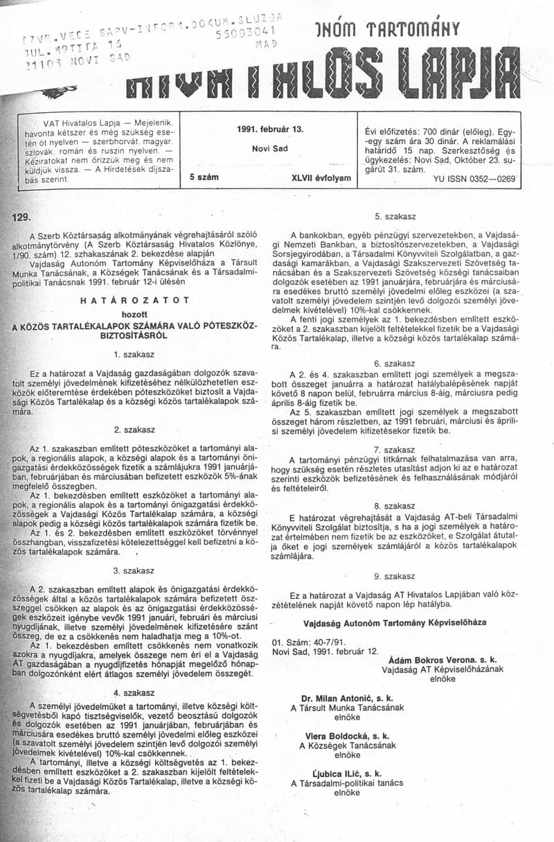 Vajdaság Szocialista Autonóm Tartomány Hivatalos Lapja, 47. évf. 1991. február 13. 5. sz.