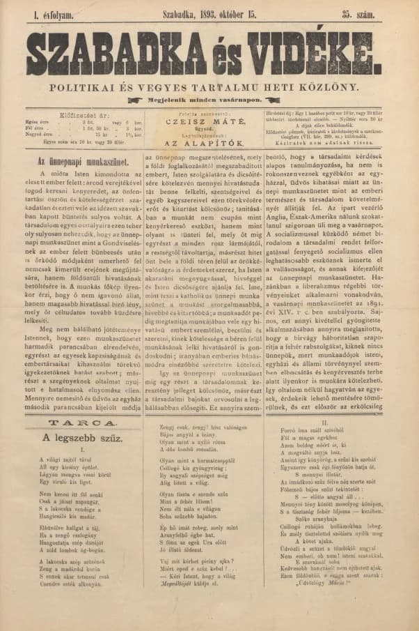 Szabadka és vidéke II, 1. évf. 1893. október 15. 35. sz.