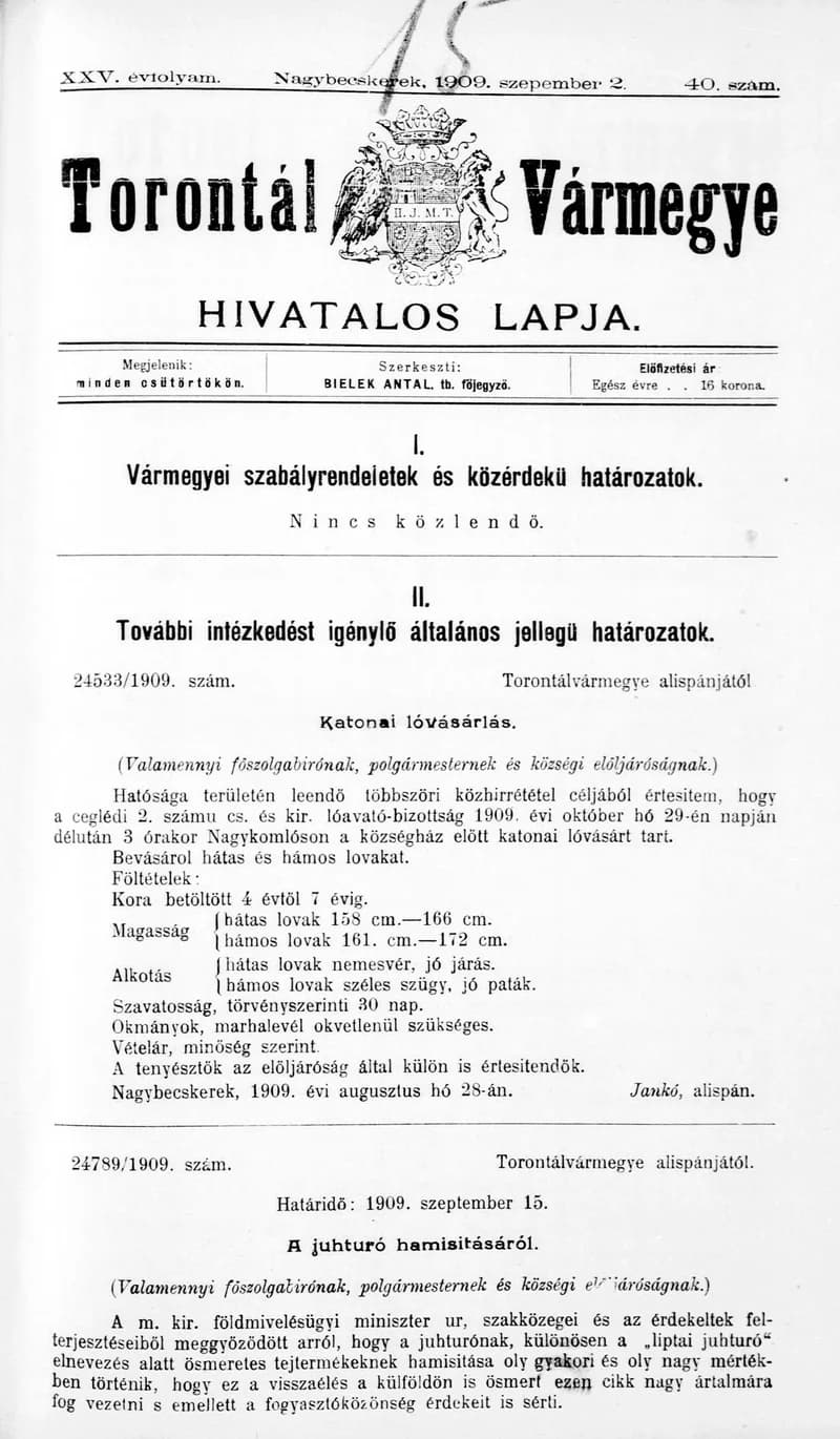 Torontál Vármegye Hivatalos Lapja, 25. évf. 1909. szeptember 2. 40. sz.