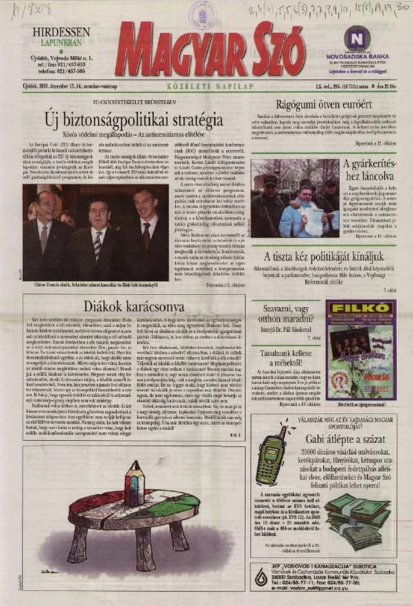 Magyar Szó, 60. évf. 2003. december 13. – 14. 295. sz. 1–36. oldal