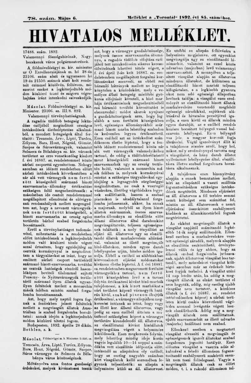 A Totontál  hivatalos melléklete, 5. évf. 1892. május 6. 78. sz.