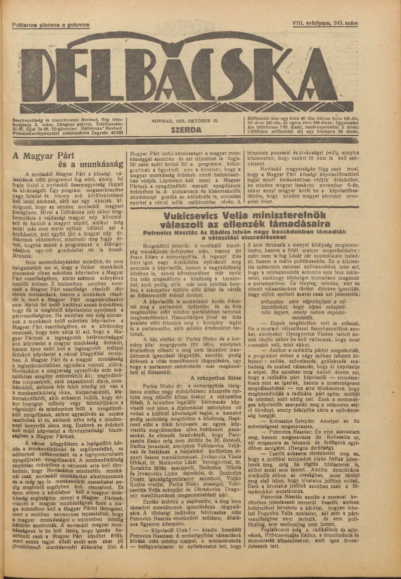 Délbácska, 8. évf. 1927. október 19. 243. sz.