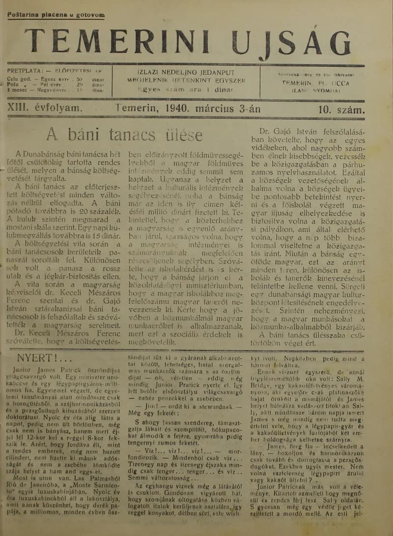 Temerini Újság 1928-1944, 13. évf. 1940. március 3. 10. sz.