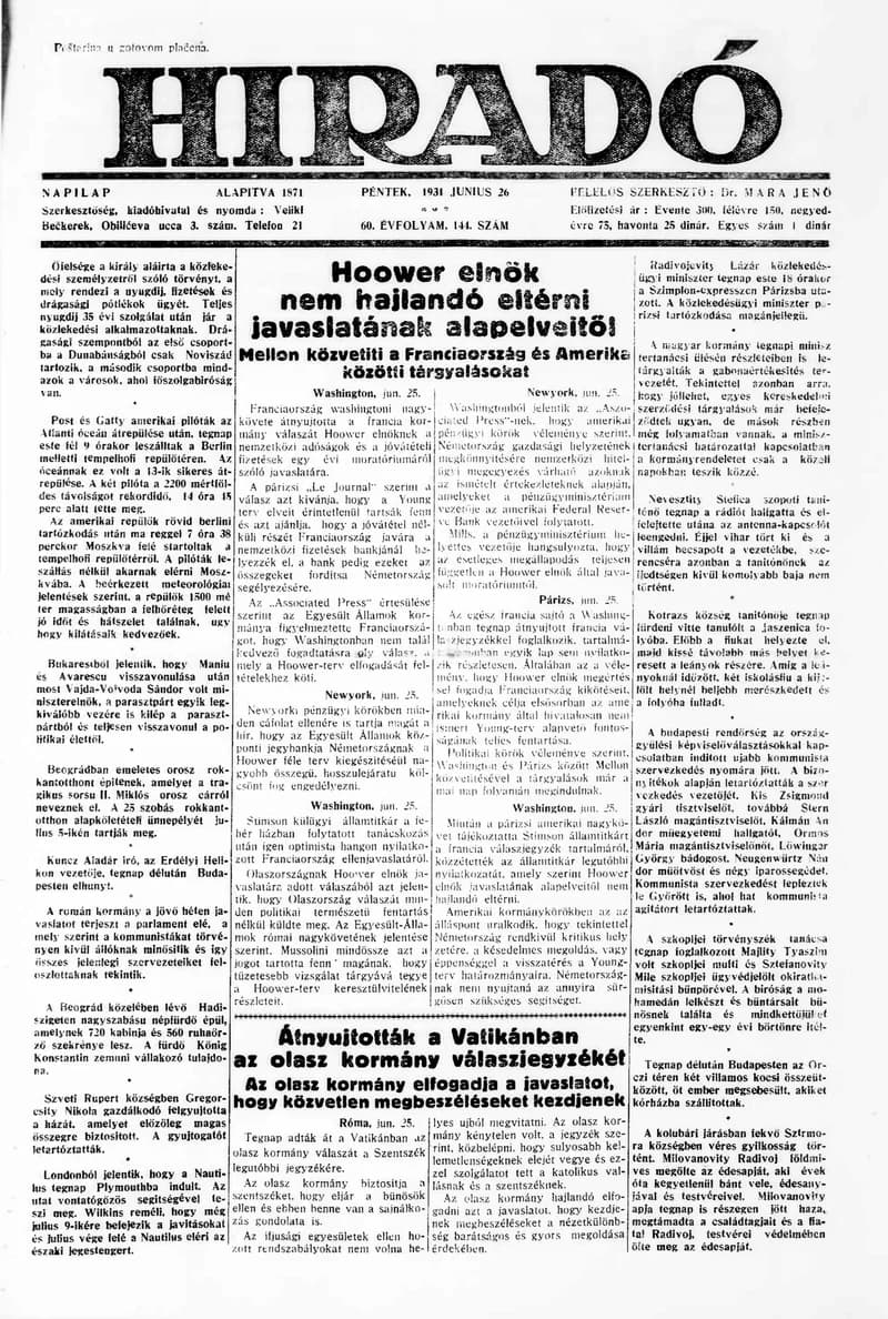 Híradó, 60. évf. 1931. június 26. 144. sz.