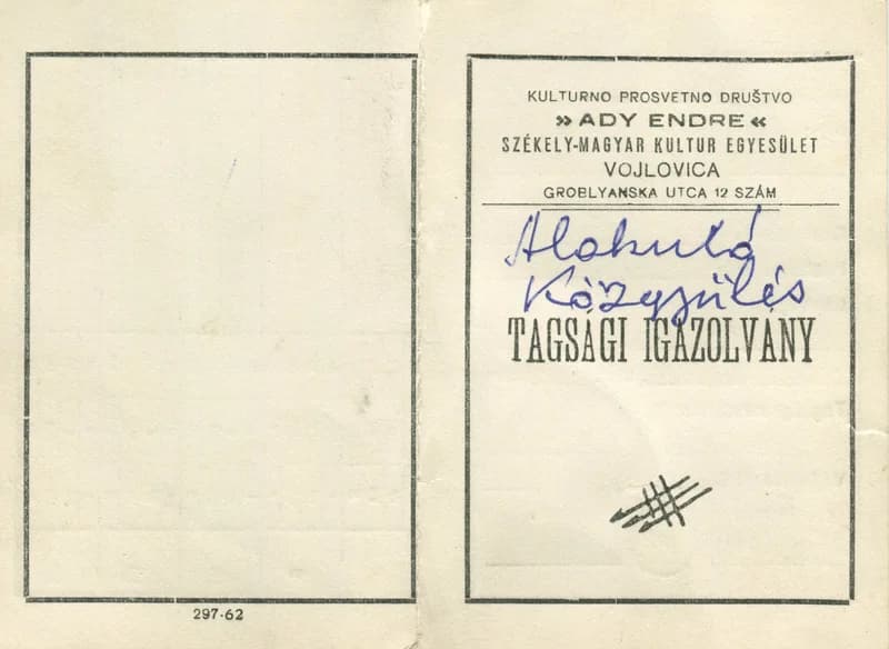 A hertelendyfalvi Ady Endre Székely-Magyar Művelődési Egyesület tagsági könyve