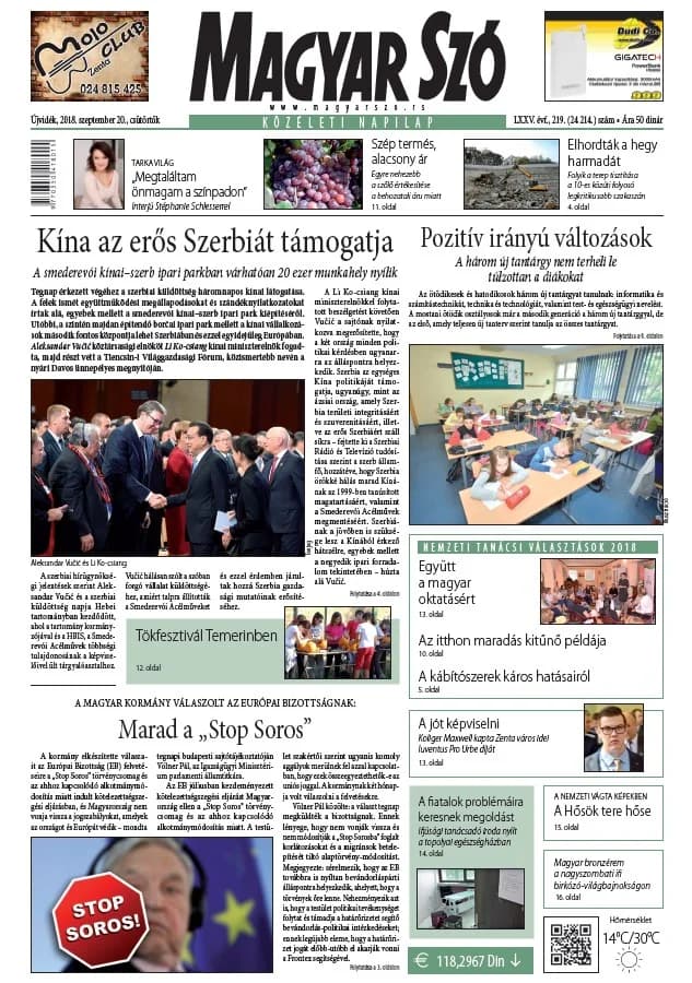 Magyar Szó, 75. évf. 2018. szeptember 20. 219. sz. 1–20. oldal