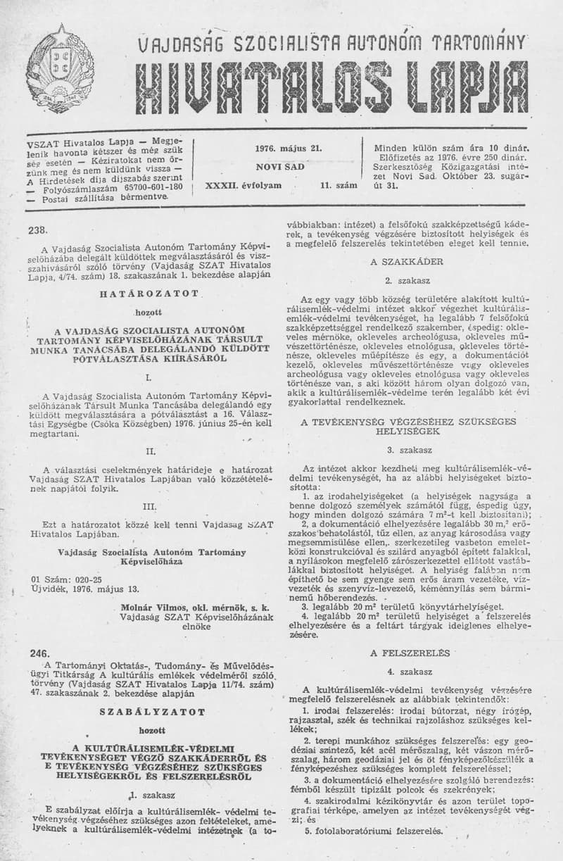 Vajdaság Szocialista Autonóm Tartomány Hivatalos Lapja, 32. évf. 1976. május 21. 11. sz. 361–372. oldal